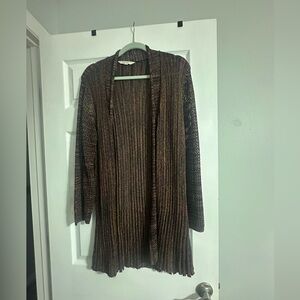Metallic Brown Open-Front Ribbed Cardigan Sweater